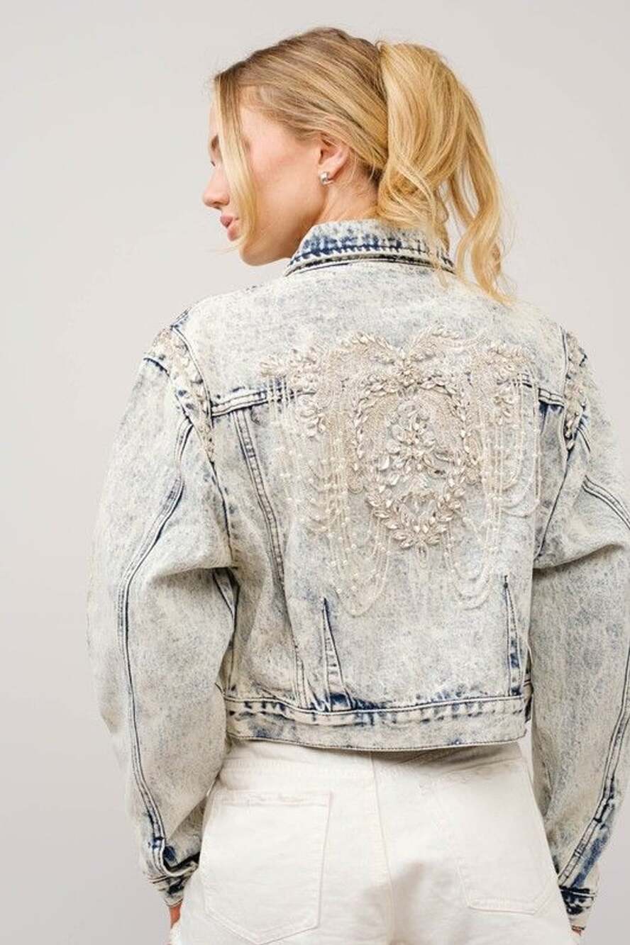 Blue B Acid Washed Rhinestone Angel Wings Cropped Denim Jacket